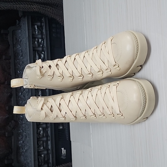 Schutz Xayane Lug-Sole Leather Lace Up Platform Combat Boots Almond Buff Leather - Picture 13 of 16